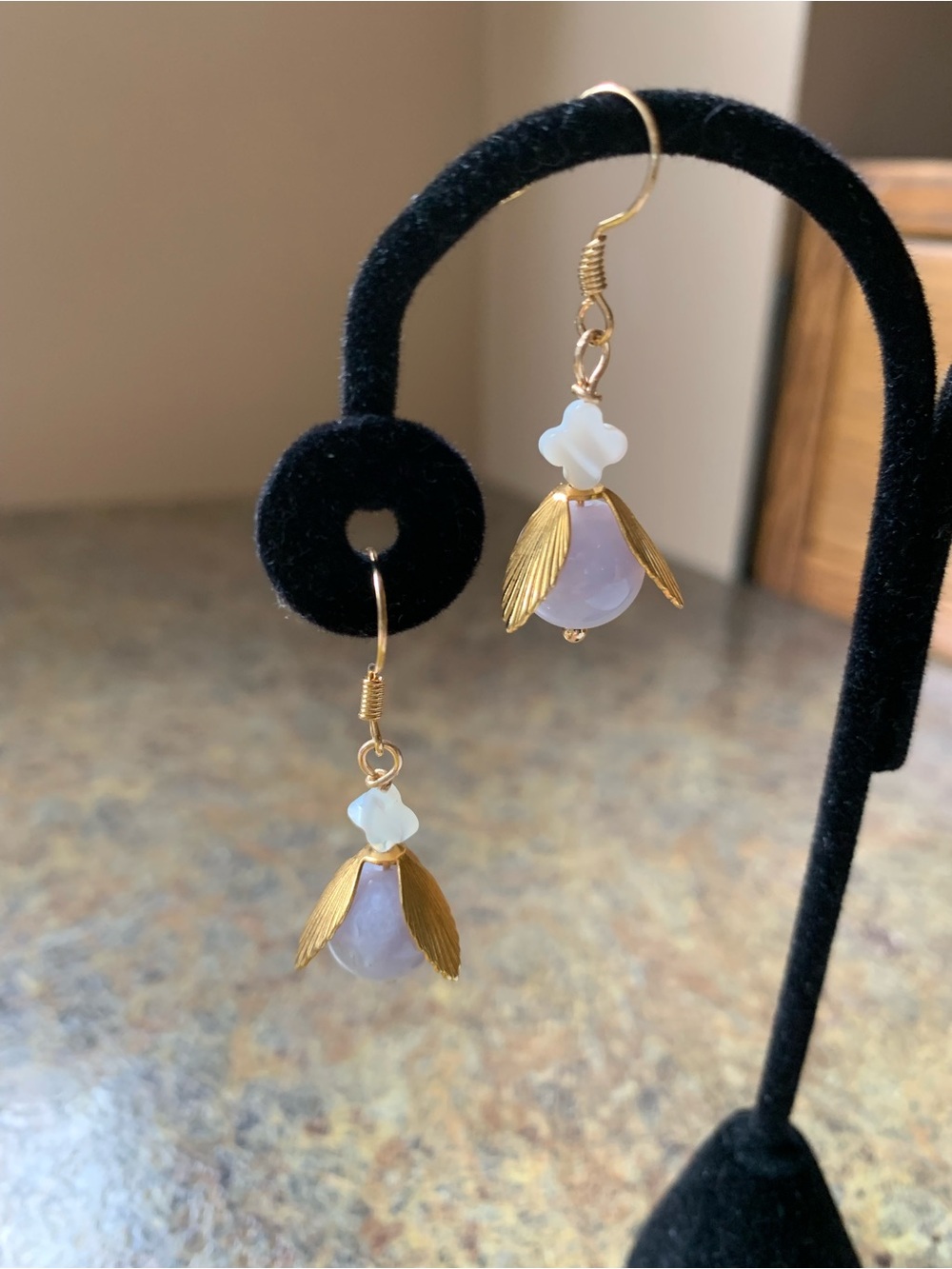 Gold-Tone Lavender Drop Earrings with White MOP Clover Accent